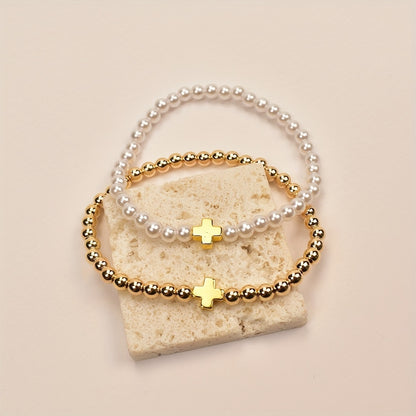 Delicate Pearl Cross Bracelet Set styled on gift box