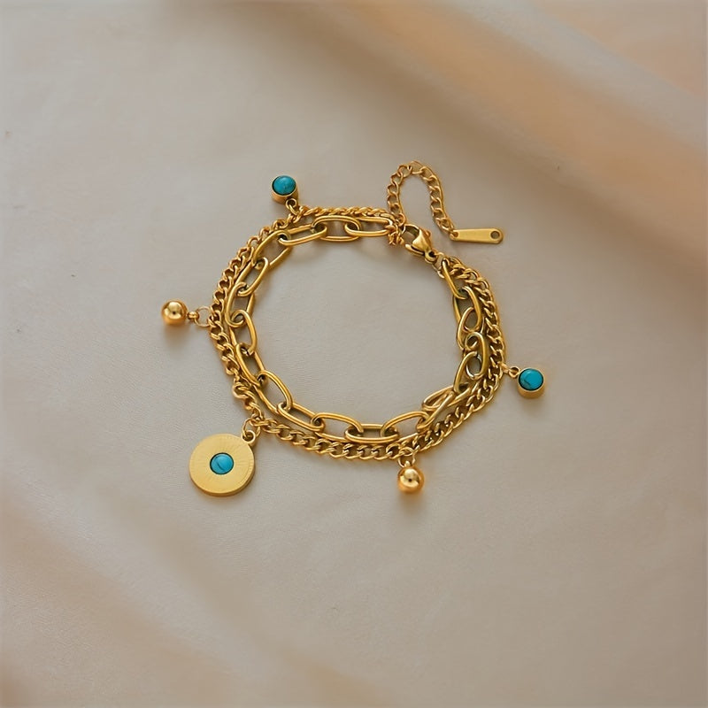 Elegant Gold Turquoise Layered Chain Bracelet on satin
