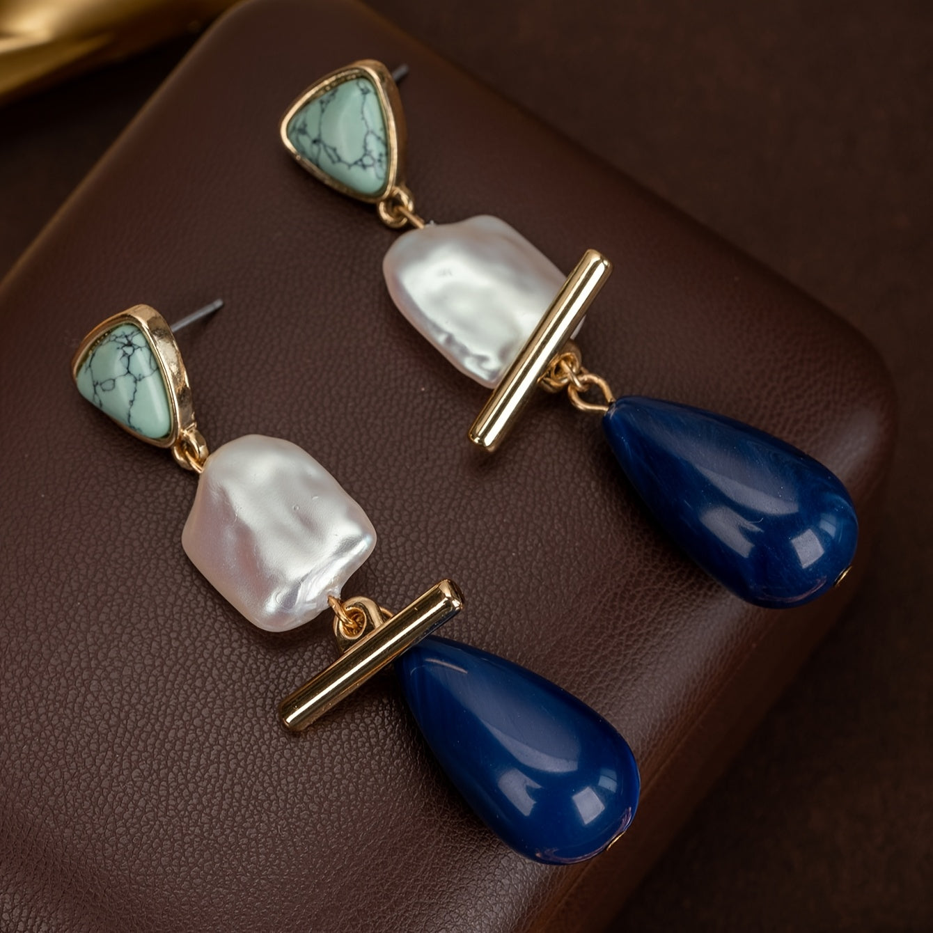 Luxe Turquoise Pearl Drop Earrings with turquoise, pearl and navy drops