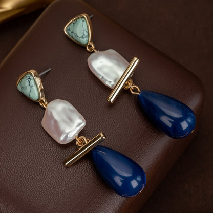 Luxe Turquoise Pearl Drop Earrings with turquoise, pearl and navy drops