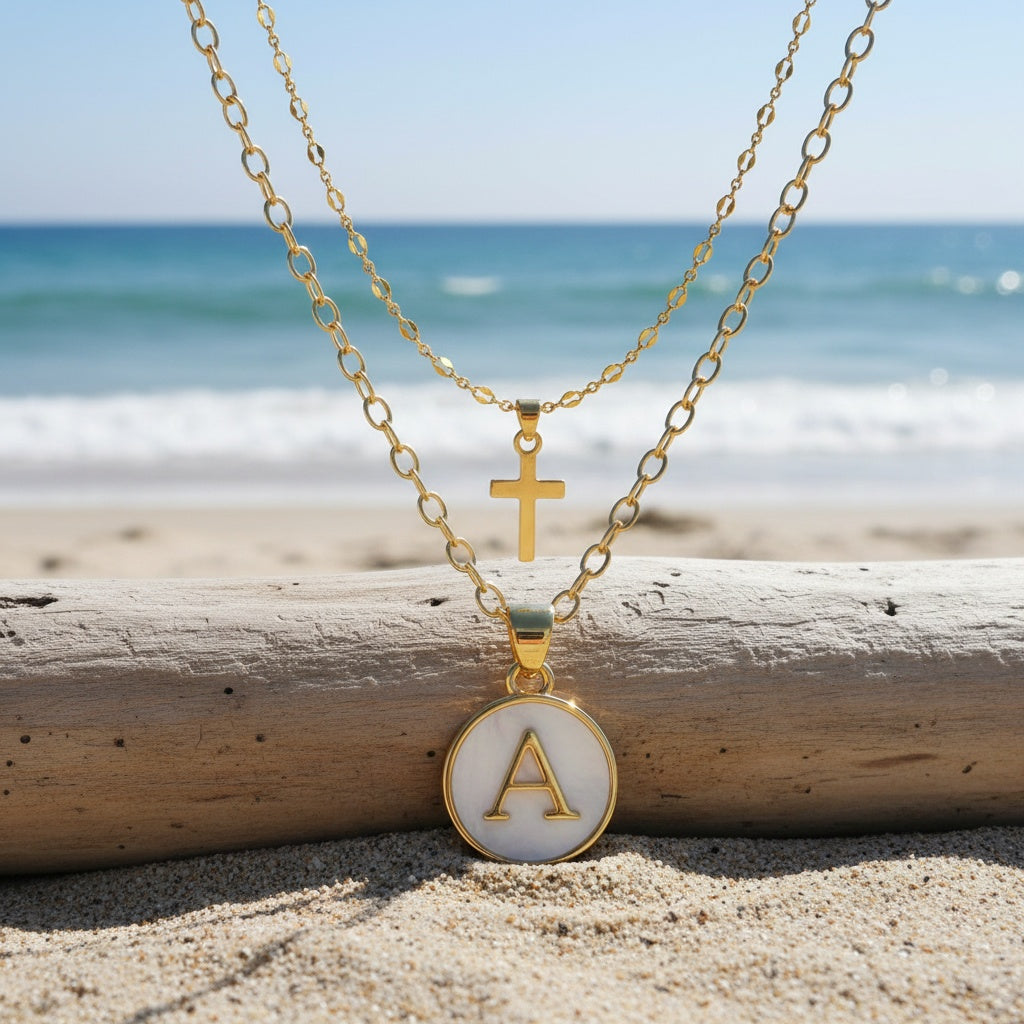 Timeless Cross & Initial Necklace Set lifestyle shot outdoors