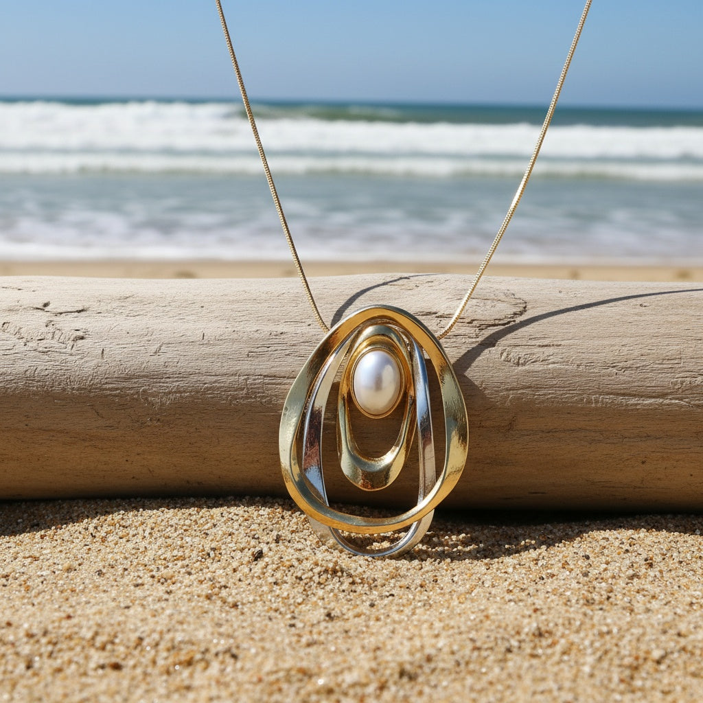 Statement Pearl Geometric Pendant Necklace styled at the beach