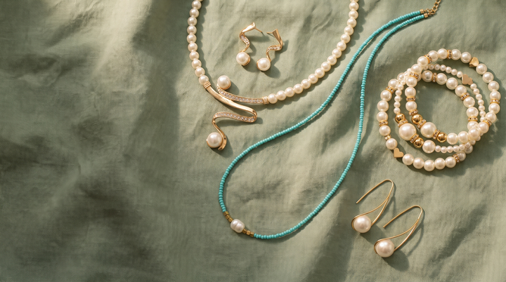 Grace and Helen bestsellers: pearl and turquoise jewelry on sage linen