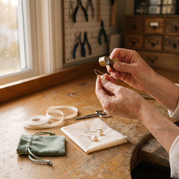 Hands checking a pearl earring with a jeweller's loupe at a wooden workbench