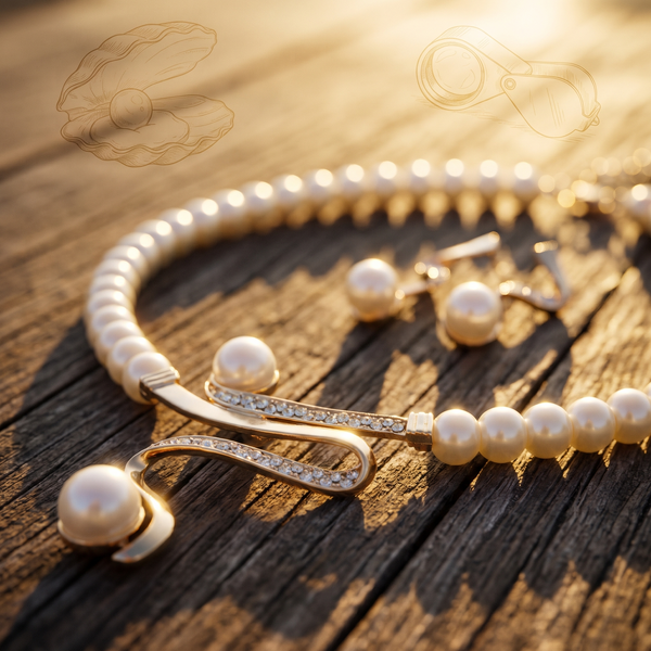 Grace and Helen pearl necklace set on a wooden table in warm light