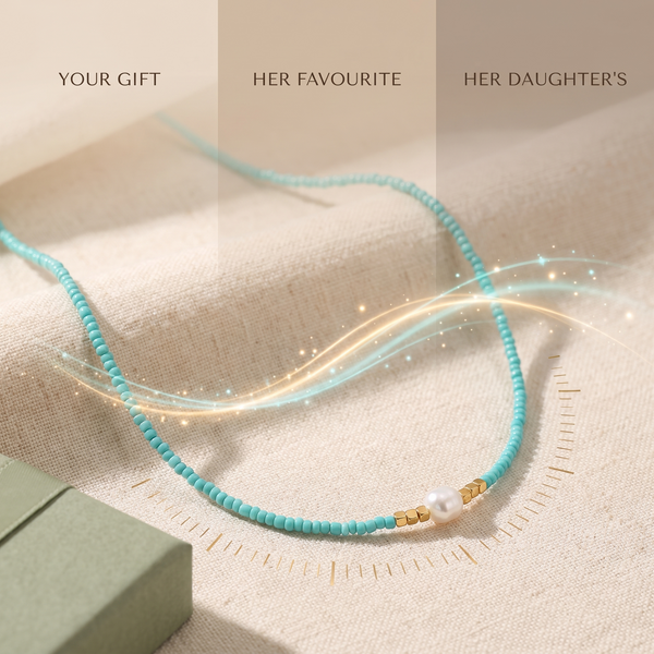 Turquoise and pearl necklace on linen with a timeline: your gift, her favourite, her daughter's