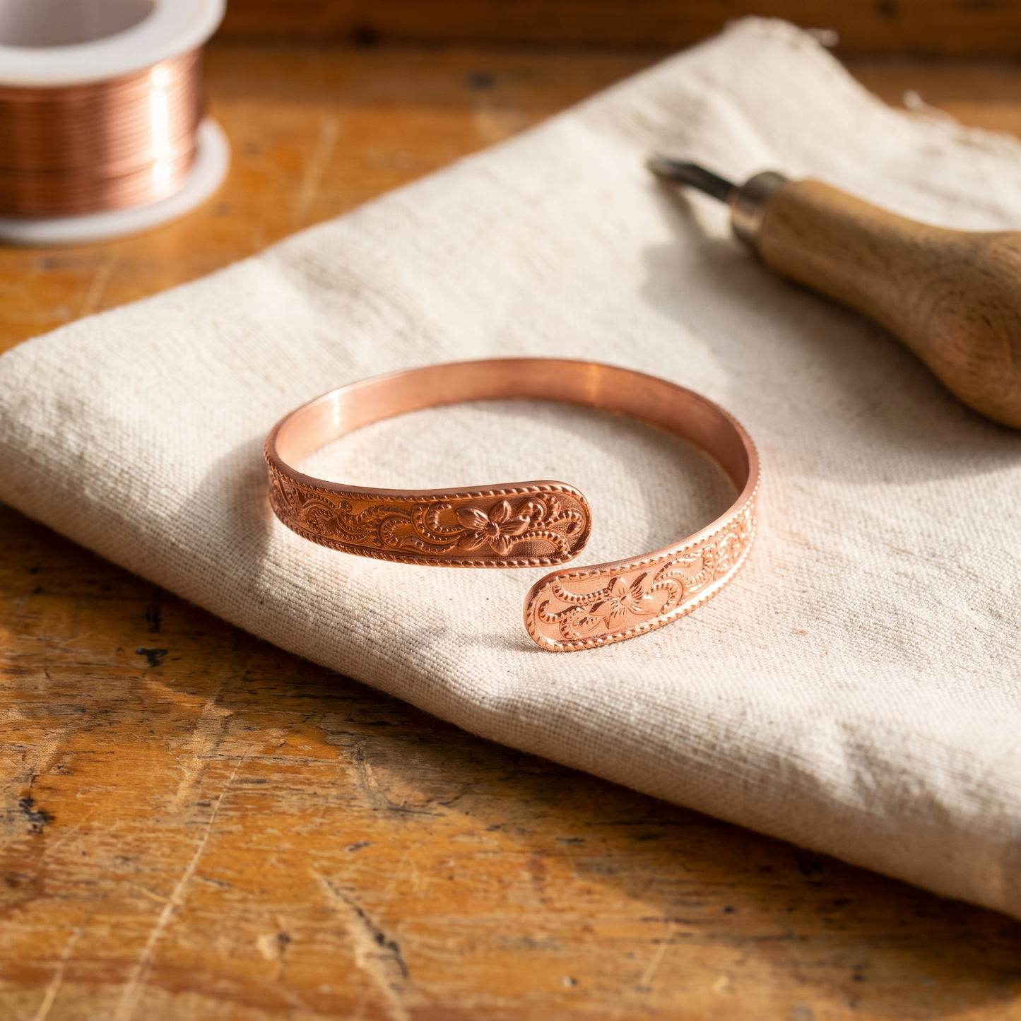 Adjustable Flower Engraved Copper Bracelet