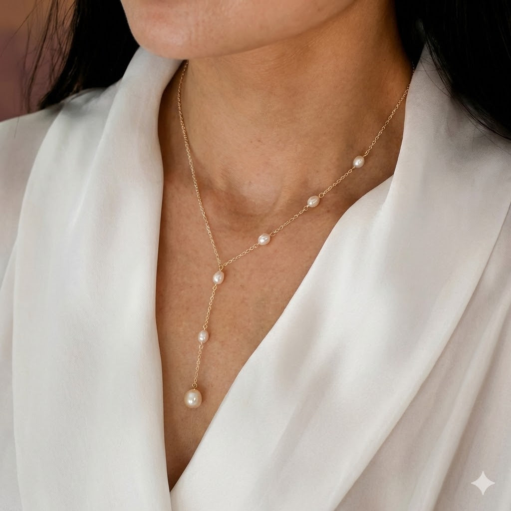 Flowing Pearl Lariat Necklace